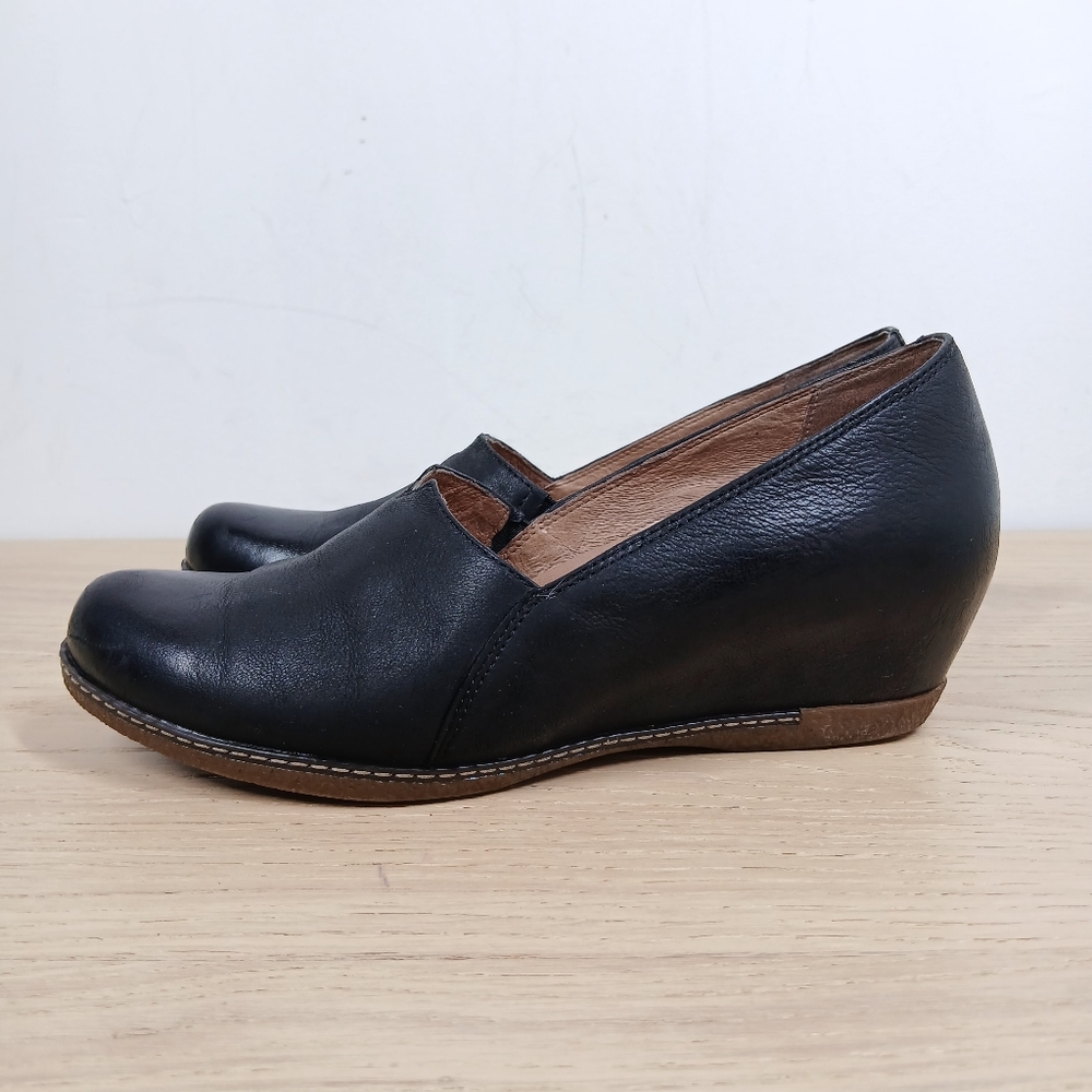 Dansko Black Leather Wedge Loafers
